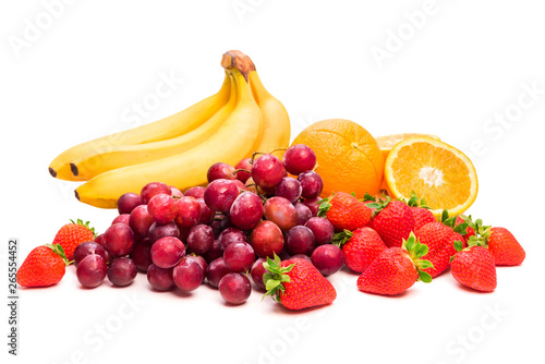 Fruits. Bananas  grapes  strawberries and oranges. Isolate on white background