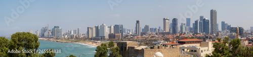 Panoramic view of a modern downtown city on the Mediterranean Sea during a sunny day. Taken in Jaffa  Tel Aviv-Yafo  Israel 