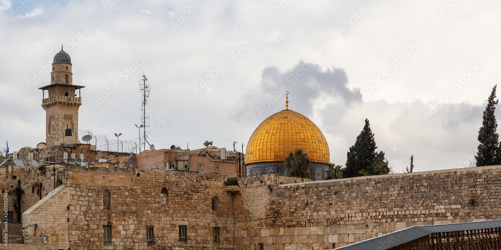 Panoramic View of the Dome of the Rock and the Western Wall in the Old City during a cloudy day. Taken in Jerusalem, Israel.