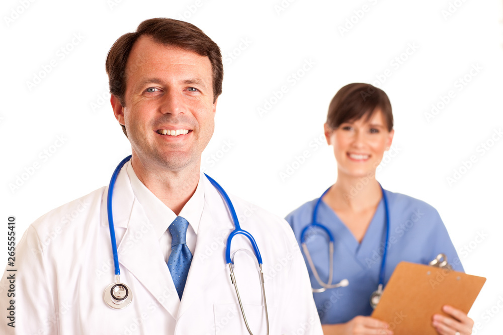 Happy Doctor and Nurse Isolated on White - Medical Healthcare Happy Doctor and Nurse Isolated on White - Medical Healthcare