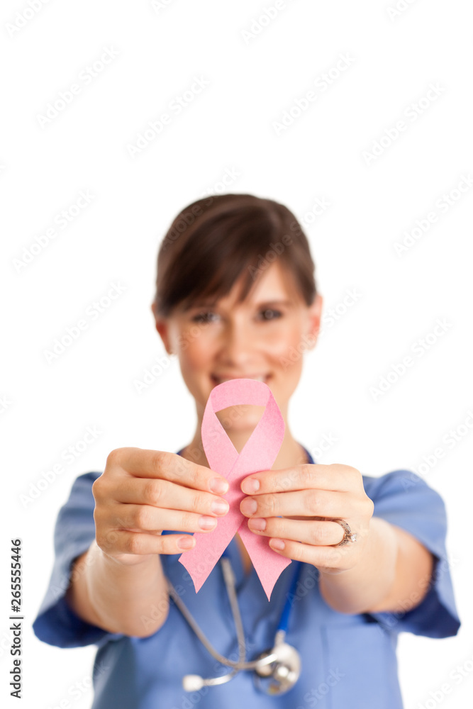Happy Nurse Holding Breast Cancer Awareness Ribbon Happy Nurse Holding Breast Cancer Awareness Ribbon