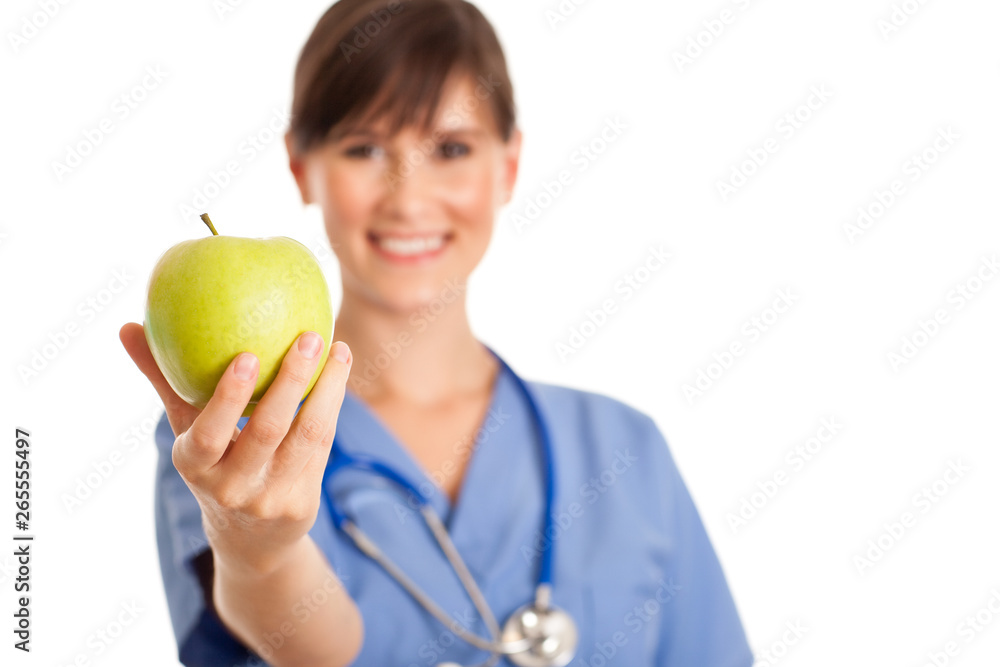 Happy Nurse Holding Green Apple - Healthy Eating Food Happy Nurse Holding Green Apple - Healthy Eating Food