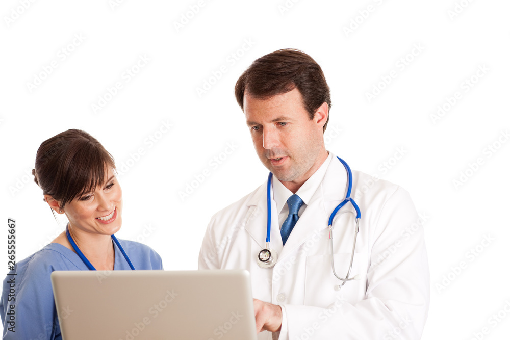 Happy Doctor and Nurse with Laptop Computer - Medical Healthcare Happy Doctor and Nurse with Laptop Computer - Medical Healthcare