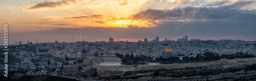 Beautiful panoramic aerial view of the Old City and Dome of the Rock during a dramatic colorful sunset. Taken in Jerusalem  Capital of Israel.