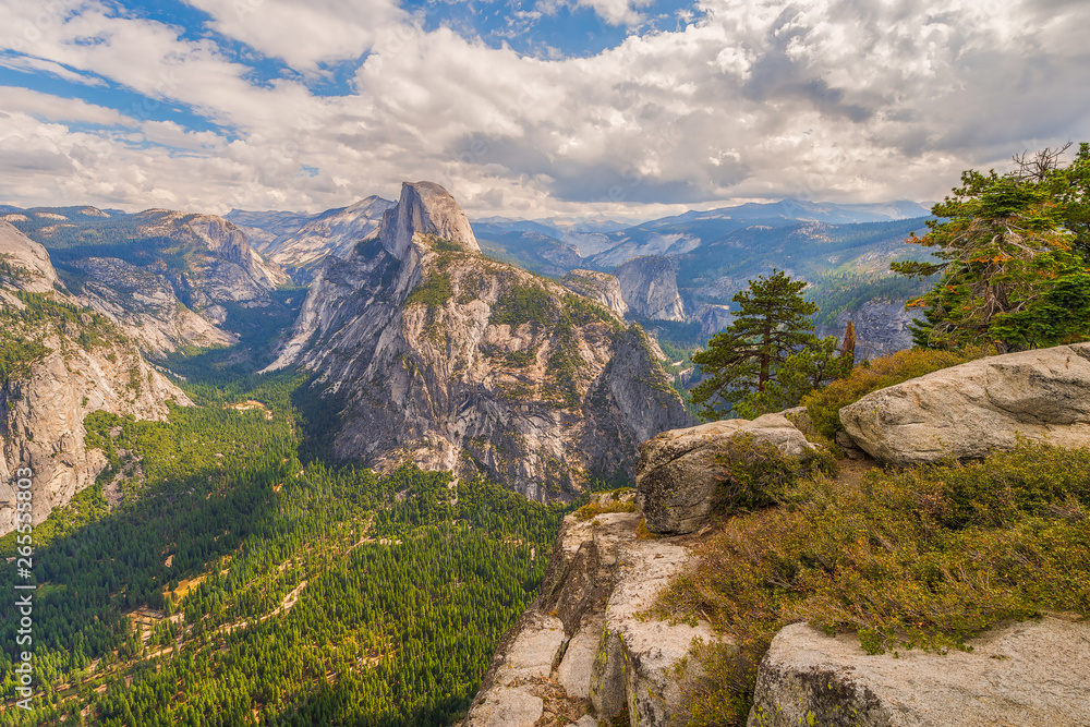 View of Yosemite Valley and Half Dome from Glacier Point overlook.Yosemite National Park.California.USA