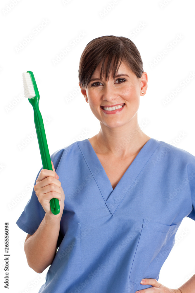Happy Dental Hygienist Holding Large Toothbrush Happy Dental Hygienist Holding Large Toothbrush