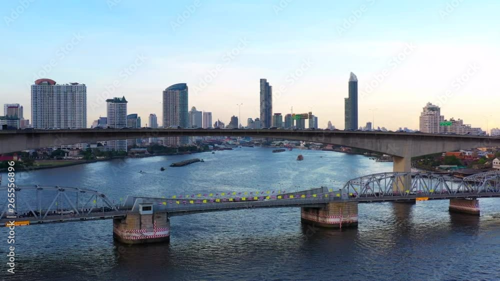 Aerial view on traffic bridge over river, cars on bridge. Aerial view on traffic bridge over river, cars on bridge.