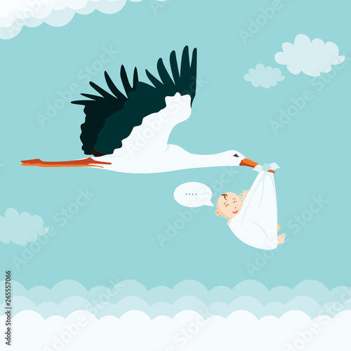 Cartoon Stork Carrying Baby. Boy Stork Baby Shower Vector Illustration