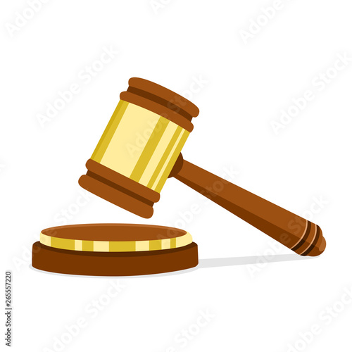 Vector illustration in flat design Wooden judge hammer of the chairman for adjudication of sentences and bills. Legal law and auction symbol.