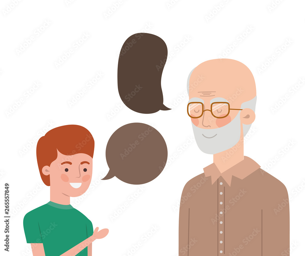 boy and grandfather with speech bubble character