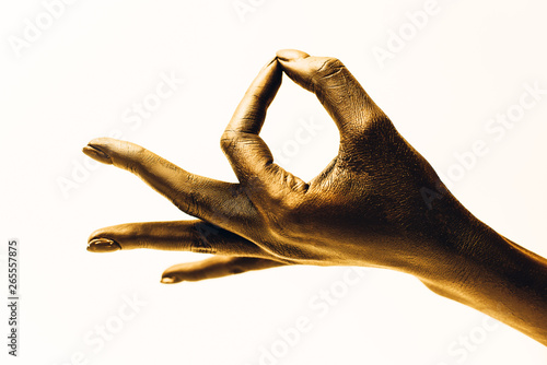 Closeup of woman's hands meditating, guan mudra on white background photo