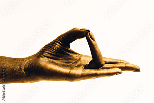 Closeup of woman's hands meditating, guan mudra on white background