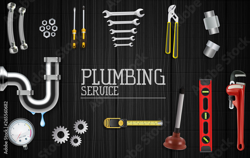 Plumber service icons set on wooden background