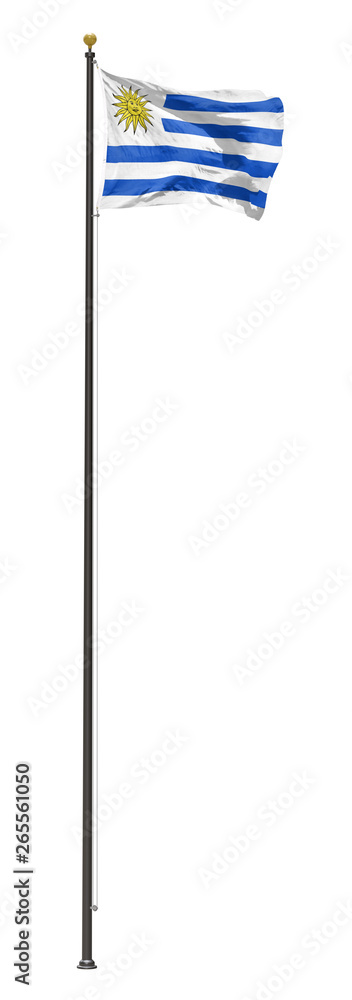 Fototapeta premium Uruguay flag on a pole, isolated on a white background