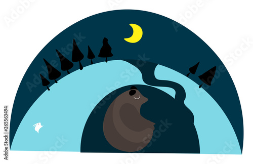 Clipart of the back pose of a brown bear in a den vector or color illustration