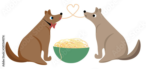 Two dogs sharing spaghetti as they eat from the same giant bowl vector or color illustration
