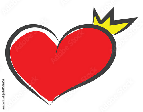 Sketch of a curvy red heart with a black outline wears a golden crown vector or color illustration