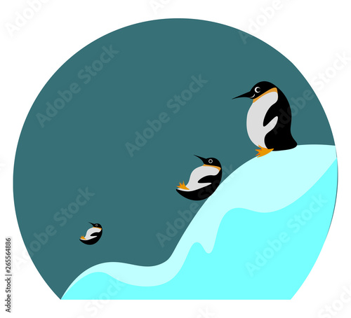 Cartoon picture of three penguins sliding and playing in the ice vector or color illustration