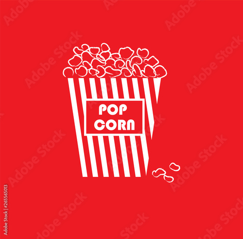 Portrait of yummy popcorn in a large paper bag with white stripes over red background vector or color illustration