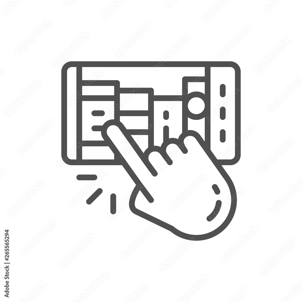 Hand with mobile phone, man chooses e-book, e-library line icon. Hand with mobile phone, man chooses e-book, e-library line icon.