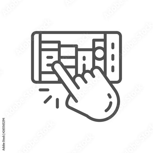 Hand with mobile phone, man chooses e-book, e-library line icon.