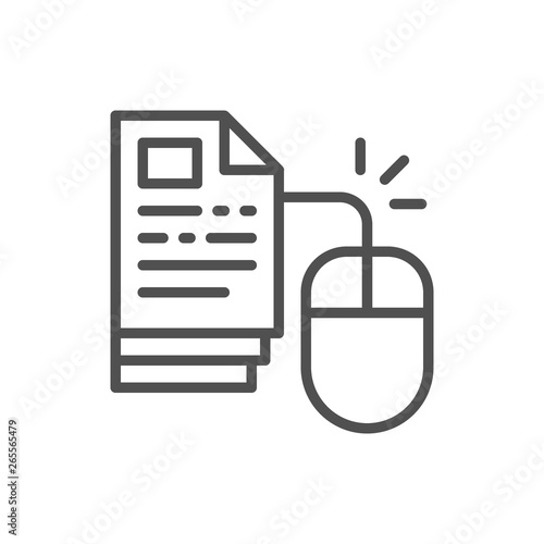 Computer mouse with pages, online education in one click, web library line icon.