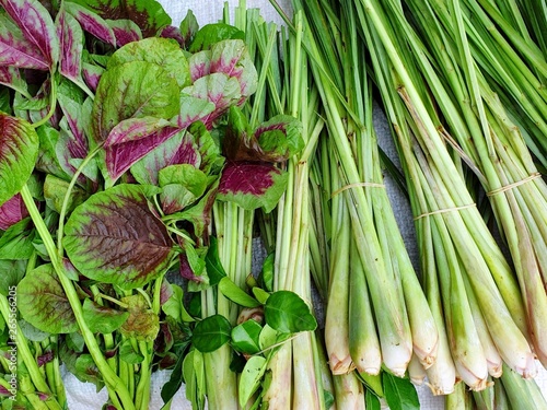 Top view of fresh red spinach and lemon grass for sale in the market at Thailand  for cooking  healthy food concept
