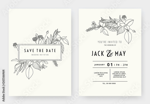 Minimalist wedding invitation card template design, floral black line art ink drawing with rectangle frame on light grey