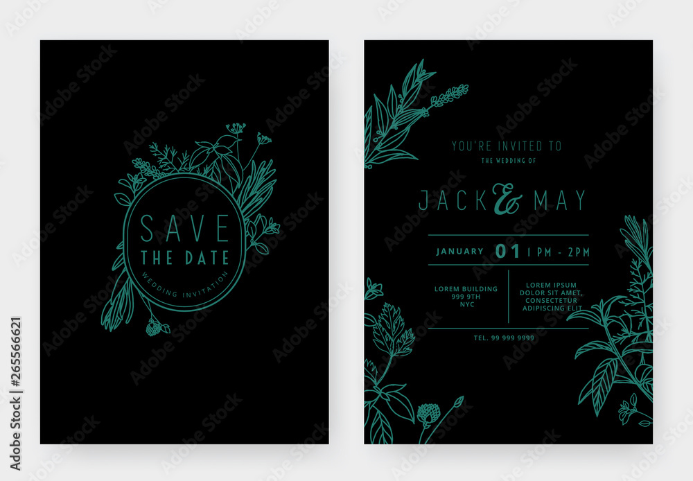 Minimalist wedding invitation card template design, floral with oval frame, line art ink drawing in blue and black tones Minimalist wedding invitation card template design, floral with oval frame, line art ink drawing in blue and black tones
