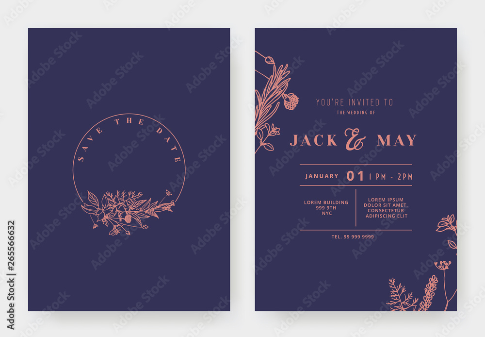 Naklejka Minimalist wedding invitation card template design, circle floral wreath, line art ink drawing in red and purple tones