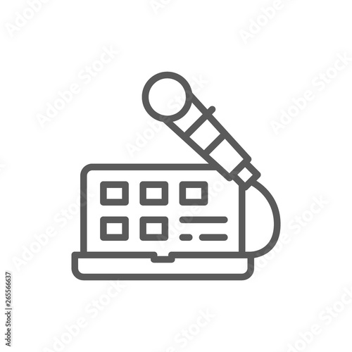 Laptop with microphone, sound recording, radio host, broadcasts line icon.
