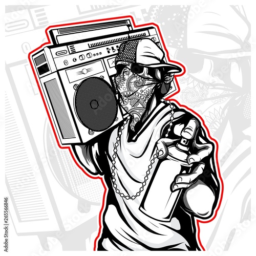 skulls carry a tape recorder with spray paint
