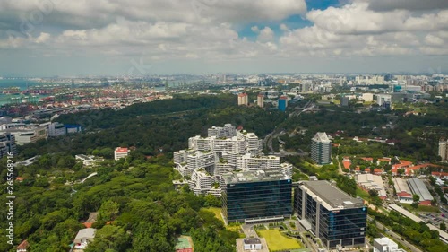 sunny day singapore city famous living complex building aerial panorama 4k timelapse