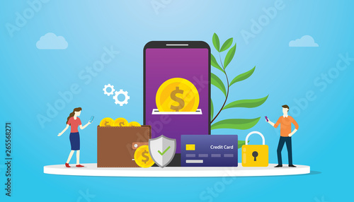 e-wallet technology payment concept with team people and gold coin money pay use app or apps model - vector