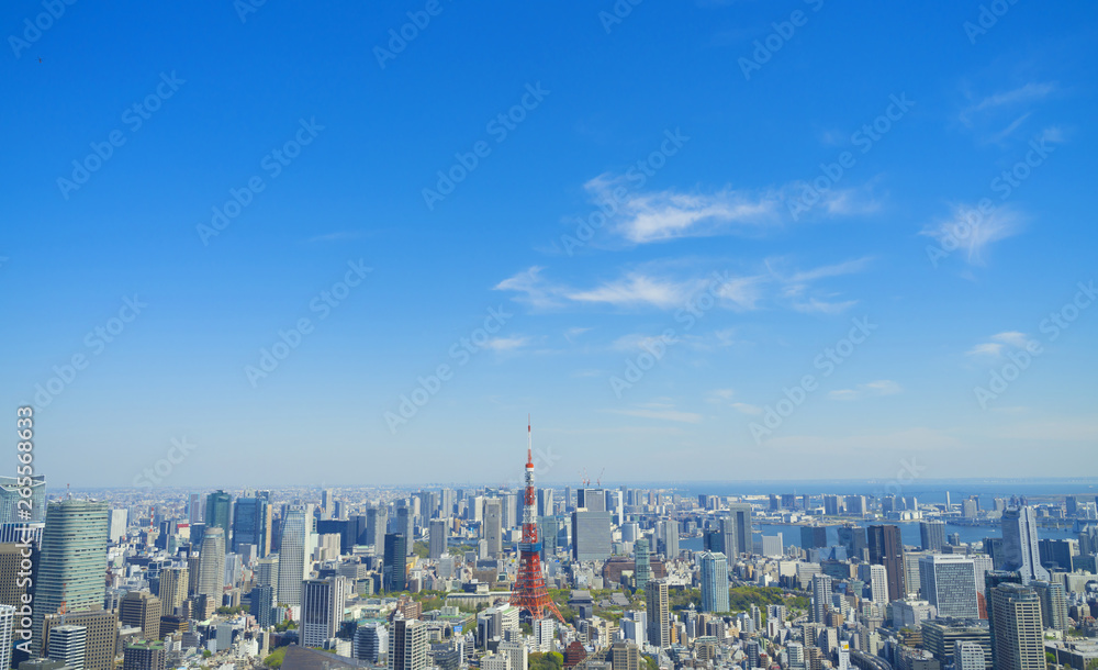 東京風景　2019年春 青空と新緑 大空コピースペース