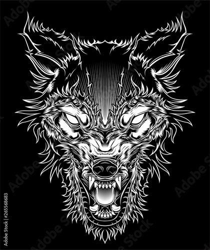 Vector illustration head ferocious wolf, outline silhouette on a black background