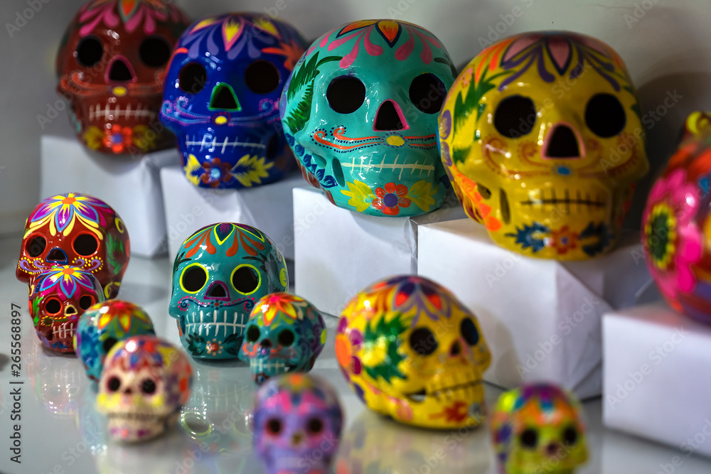 Colorful Mexican artisanal ceramic skulls 