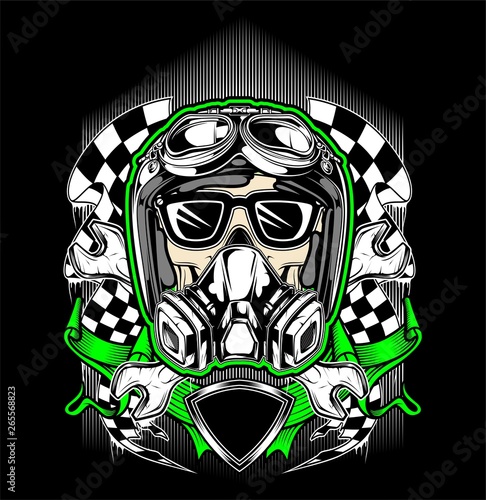 skull helmet racing with gas mask-vector photo