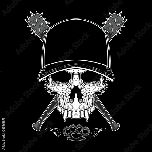 Vintage bandit skull in hipster cap and skeleton hands holding crossed baseball bats isolated vector illustration