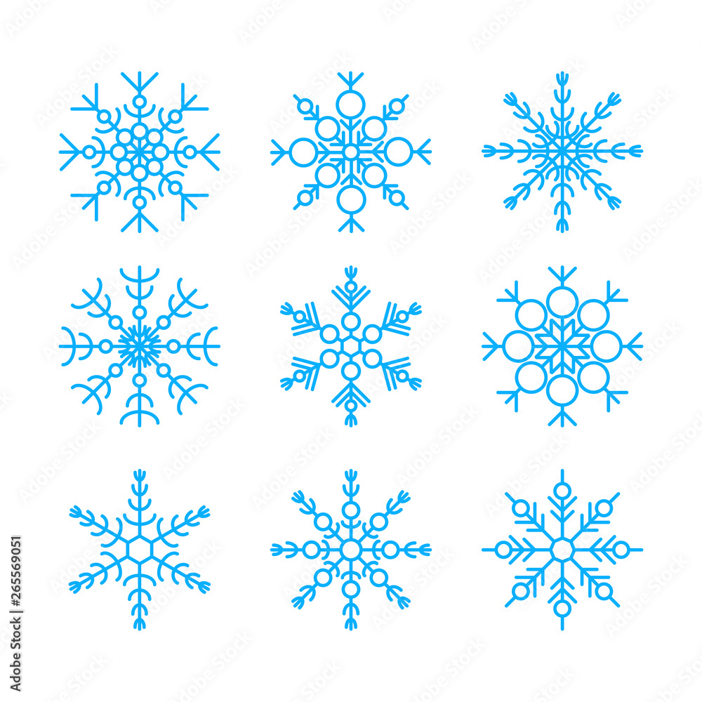 Vector illustration of blue snowflakes collection isolated on white background. Flat snow icons, silhouette. Cute element for christmas, new year, winter design of banner, cards, flyer. Vector illustration of blue snowflakes collection isolated on white background. Flat snow icons, silhouette. Cute element for christmas, new year, winter design of banner, cards, flyer.