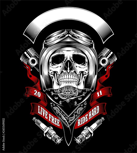 Skull with motorcycle helmet and bandana - Vector