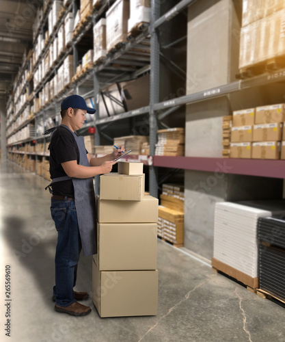 Worker in Mechanic Jumpsuit with holding parcel boxes