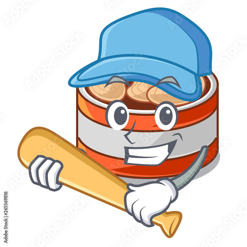 Playing baseball canned tuna isolated with in mascot