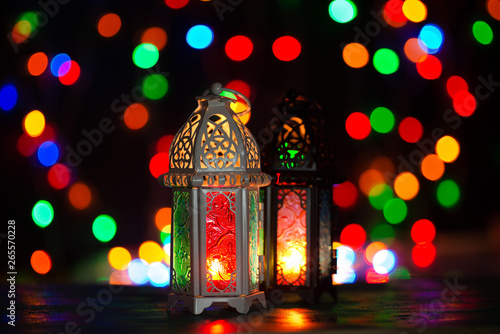 Studio set up shot of lighted lantern - showing ramadan kareem or eid mubarak celebration conceptual.