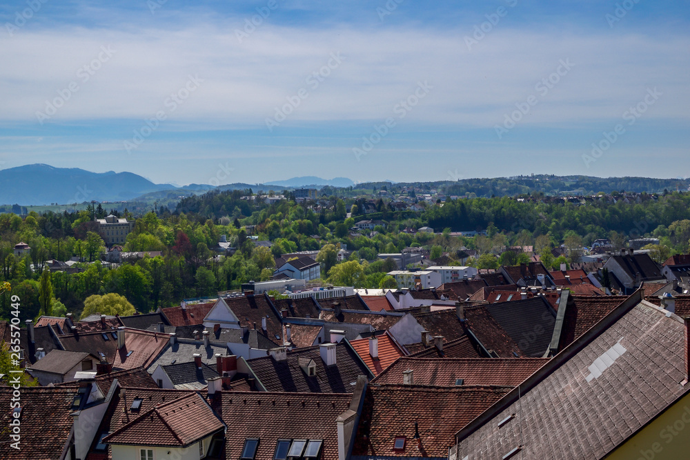 Landscape shot Steyr in Upper Austria / Austria. Aerial view of the city