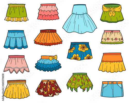 Set of skirts, color collection of cartoon clothes