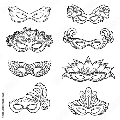 Set of carnival masks, black and white collection of cartoon accessories