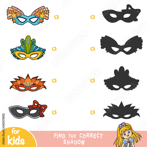 Find the correct shadow, education game, set of Carnival masks