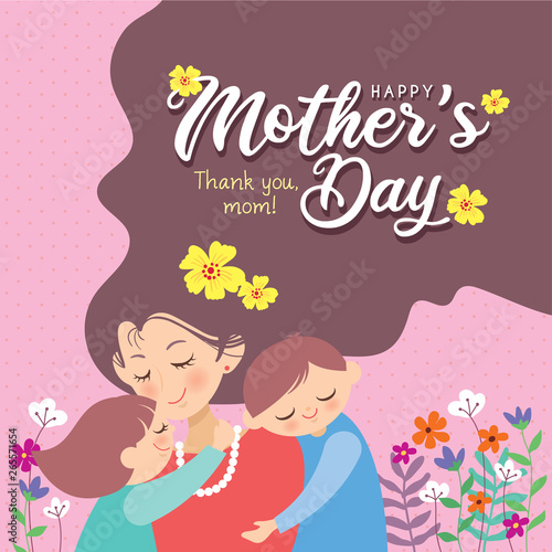 Happy Mother's Day template design or copy space. Hand drawn mother, son & daughter with flowers on pink polka dot background in flat vector illustration. Cartoon mom together with children.