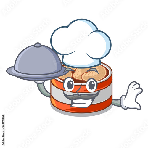 Chef with food canned tuna in the cartoon shape
